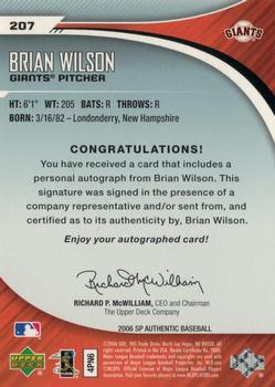 2006 SP Authentic - Rookie Signatures Platinum #207 Brian Wilson Back