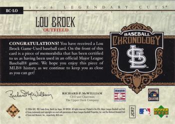2006 SP Legendary Cuts - Baseball Chronology Materials #BC-LO Lou Brock Back
