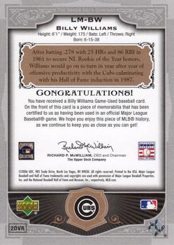 2006 SP Legendary Cuts - Legendary Materials Silver #LM-BW Billy Williams Back