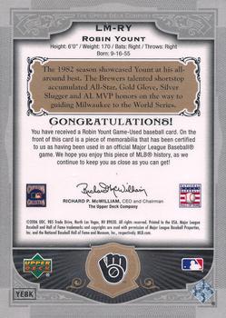 2006 SP Legendary Cuts - Legendary Materials Silver #LM-RY Robin Yount Back