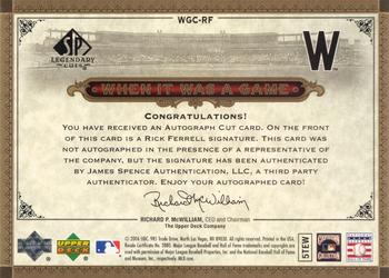 2006 SP Legendary Cuts - When It Was A Game Cuts #WGC-RF Rick Ferrell Back