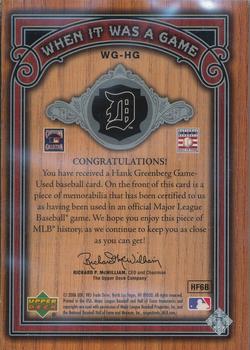 2006 SP Legendary Cuts - When It Was A Game Materials #WG-HG Hank Greenberg Back