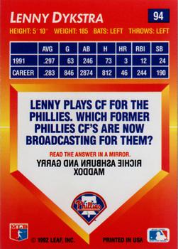 1992 Triple Play #94 Lenny Dykstra Back