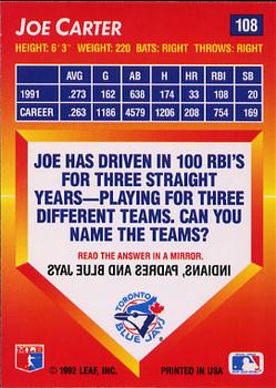 1992 Triple Play #108 Joe Carter Back