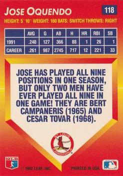 1992 Triple Play #118 Jose Oquendo Back
