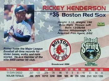 2002 Grandstand Poland Spring Boston Red Sox #NNO Rickey Henderson Back