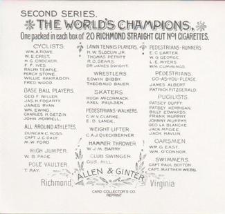 1888 Allen & Ginter World's Champions (N43) Baseball Only Reprint #NNO John Morrill Back