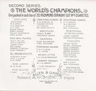 1888 Allen & Ginter World's Champions (N43) Baseball Only Reprint #NNO James Ryan Back