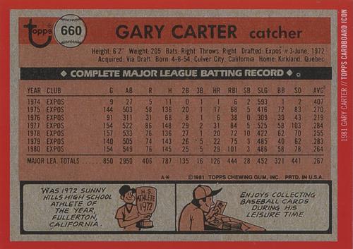 2015 Topps Cardboard Icons Gary Carter 5x7 - Red 5x7 #660 Gary Carter Back