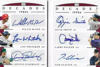 2019 Panini National Treasures - Decades Booklet #DEC-1 Dennis Eckersley / Larry Walker / Lou Whitaker / Ozzie Smith / Tom Glavine / Willie McGee Front