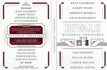 2019 Panini National Treasures - Rivals Booklet #CHI-STL Addison Russell / Kerry Wood / Kyle Schwarber / Marcell Ozuna / Ryne Sandberg / Ted Simmons / Willie McGee / Yadier Molina Back