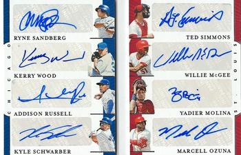 2019 Panini National Treasures - Rivals Booklet #CHI-STL Addison Russell / Kerry Wood / Kyle Schwarber / Marcell Ozuna / Ryne Sandberg / Ted Simmons / Willie McGee / Yadier Molina Front