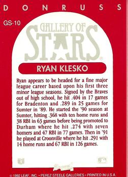 1992 Triple Play - Gallery of Stars #GS-10 Ryan Klesko Back