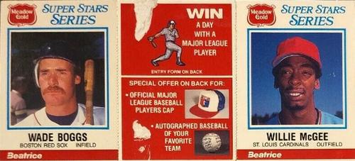 1986 Meadow Gold Stat Back - Uncut Panels #9-10 Wade Boggs / Willie McGee Front