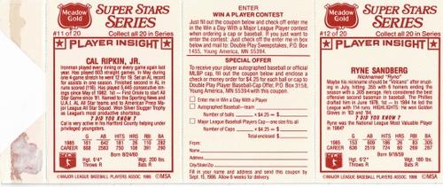 1986 Meadow Gold Stat Back - Uncut Panels #11-12 Cal Ripken, Jr. / Ryne Sandberg Back