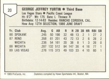 1989 ProCards Triple A #20 Jeff Yurtin Back