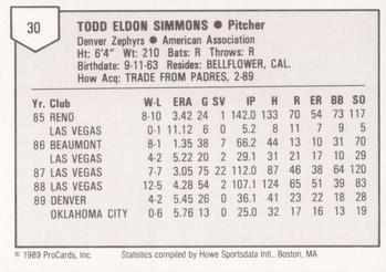 1989 ProCards Triple A #30 Todd Simmons Back