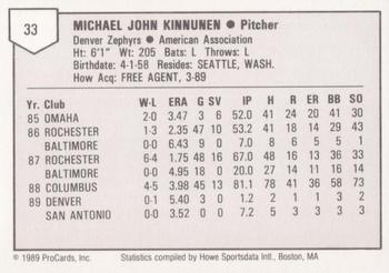 1989 ProCards Triple A #33 Mike Kinnunen Back