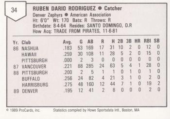 1989 ProCards Triple A #34 Ruben Rodriguez Back