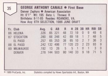 1989 ProCards Triple A #35 George Canale Back