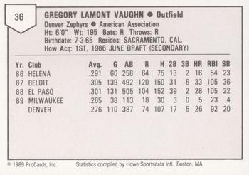 1989 ProCards Triple A #36 Greg Vaughn Back