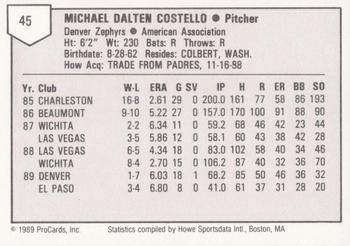 1989 ProCards Triple A #45 Mike Costello Back