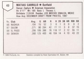 1989 ProCards Triple A #49 Matias Carrillo Back