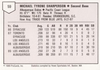 1989 ProCards Triple A #59 Mike Sharperson Back