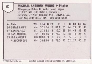 1989 ProCards Triple A #62 Mike Munoz Back
