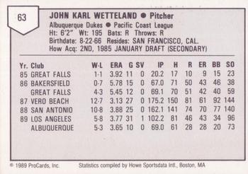 1989 ProCards Triple A #63 John Wetteland Back