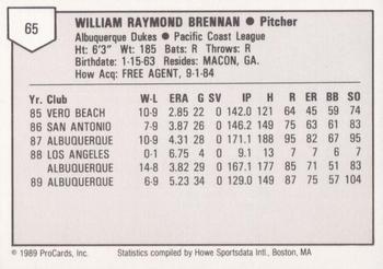 1989 ProCards Triple A #65 William Brennan Back
