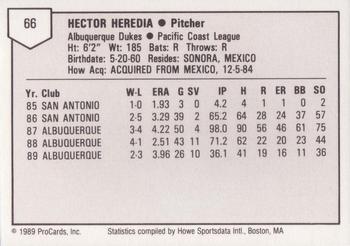 1989 ProCards Triple A #66 Hector Heredia Back