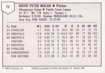 1989 ProCards Triple A #70 Dave Walsh Back