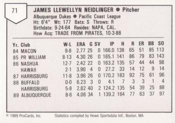 1989 ProCards Triple A #71 Jim Neidlinger Back