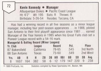 1989 ProCards Triple A #72 Kevin Kennedy Back