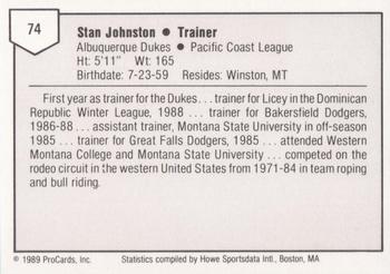 1989 ProCards Triple A #74 Stan Johnston Back