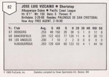 1989 ProCards Triple A #82 Jose Vizcaino Back