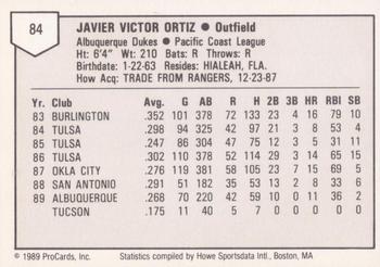 1989 ProCards Triple A #84 Javier Ortiz Back