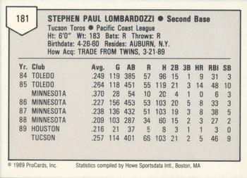 1989 ProCards Triple A #181 Steve Lombardozzi Back
