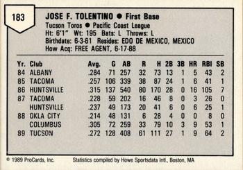 1989 ProCards Triple A #183 Jose Tolentino Back