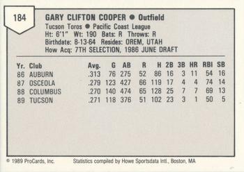 1989 ProCards Triple A #184 Gary Cooper Back
