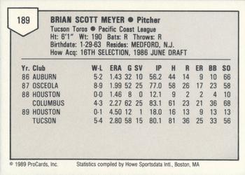 1989 ProCards Triple A #189 Brian Meyer Back