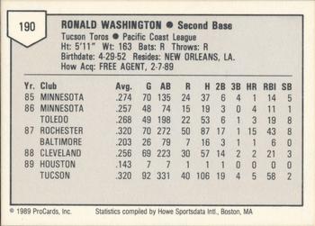 1989 ProCards Triple A #190 Ron Washington Back
