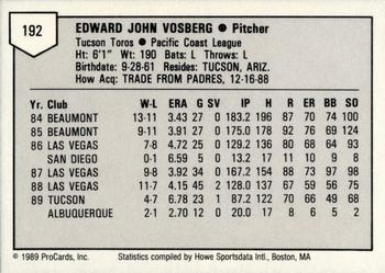 1989 ProCards Triple A #192 Ed Vosberg Back