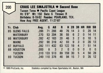 1989 ProCards Triple A #200 Craig Smajstrla Back