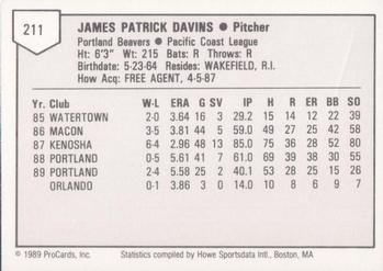 1989 ProCards Triple A #211 Jim Davins Back