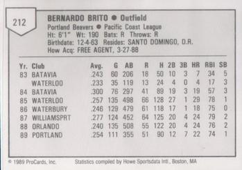 1989 ProCards Triple A #212 Bernardo Brito Back