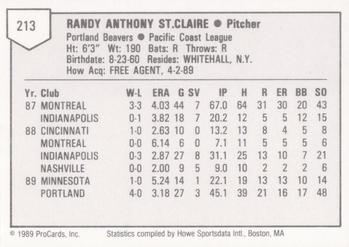 1989 ProCards Triple A #213 Randy St. Claire Back