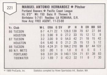 1989 ProCards Triple A #221 Manny Hernandez Back