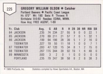 1989 ProCards Triple A #225 Greg Olson Back